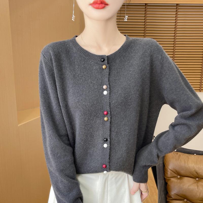 Spring and Autumn New Andy Velvet Cardigan Color Button Knitted Cardigan Women's Crew Neck Loose Sweater Jacket Soft Waxy Versatile Top