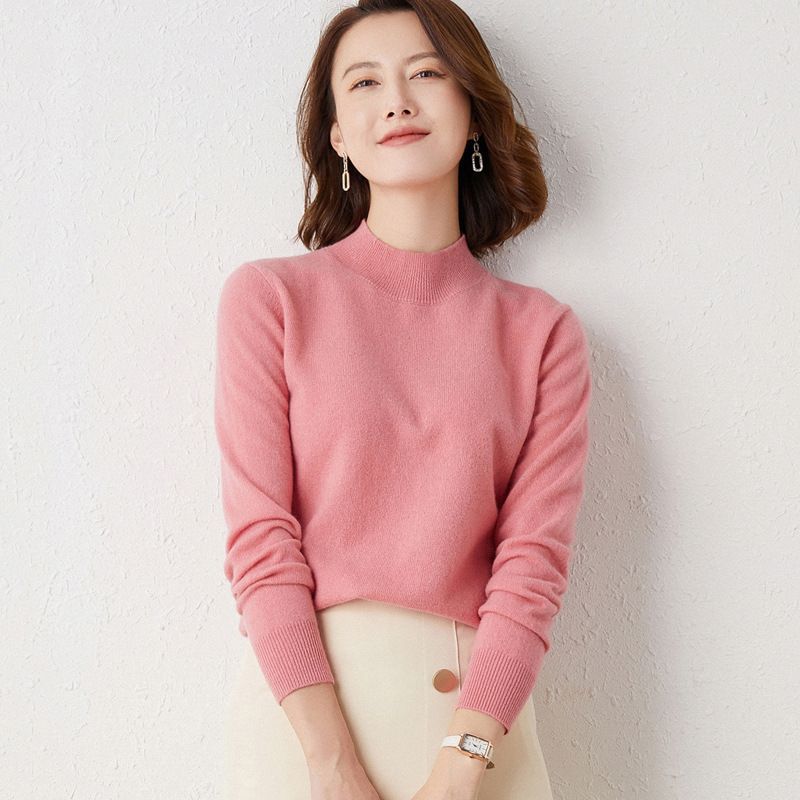 Half High Neck Knitted Sweater Women's Autumn and Winter New Loose Sweater Solid Color Pullover Casual Knitted Base Sweater