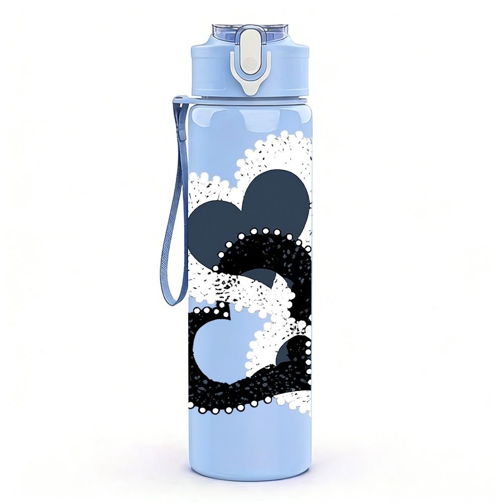 1PC Swirly Intertwined Black Heart Print 750ml Color Plastic Sports Water Bottle Leakproof Flip Straw Lid Suitable for Sports Office Home Use