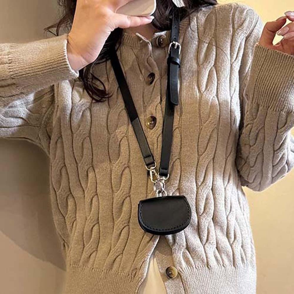 Earphone Pouch Detachable Hanging Neck Bag 2 In 1 Flap Waist Belt with Bag Solid Color Anti-splash Water Leather Coin Purse Work