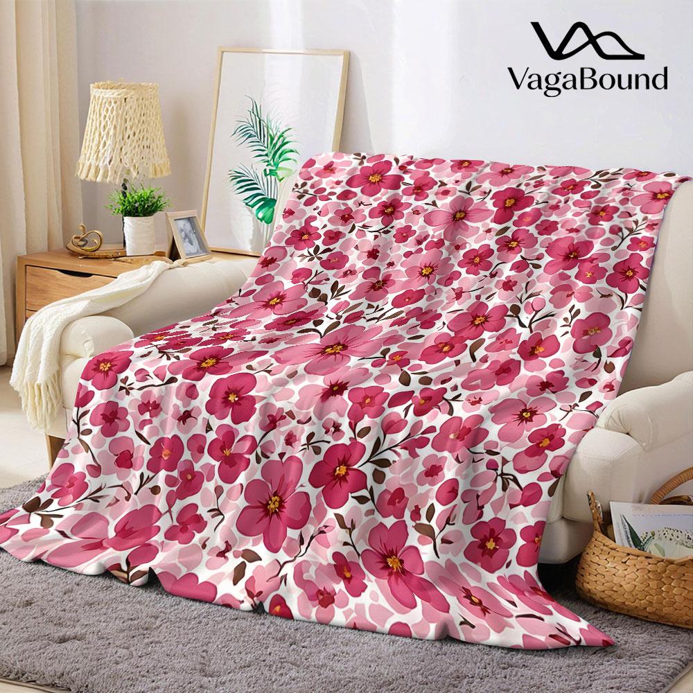 Pink Blossom Floral Flannel Blanket Warm Soft Halloween Christmas Decorative Couch Warm Cozy All-Season Gift