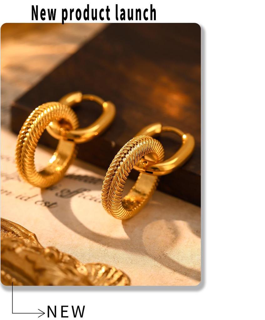 Qiong Yao Hypoallergenic Double Ring Threaded Stainless Steel Earrings with PVD Coating