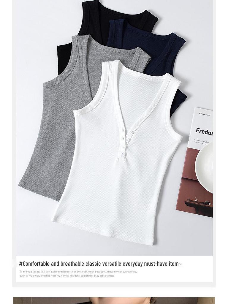 K3019 Threaded Button V-Neck Camisole - Women's Slim-Fit Cotton Top, Spring/Summer Style