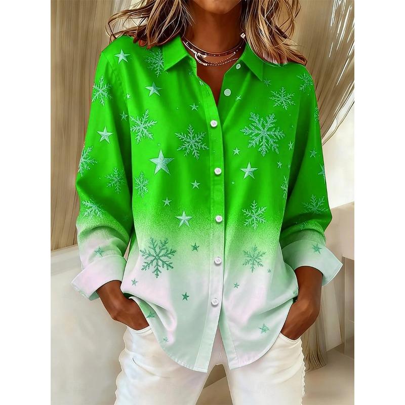 Christmas Theme Women's 3D Printed Snowflake Long Sleeve Shirts Casual Christmas Blouse for Party Button-Up Tops For Women