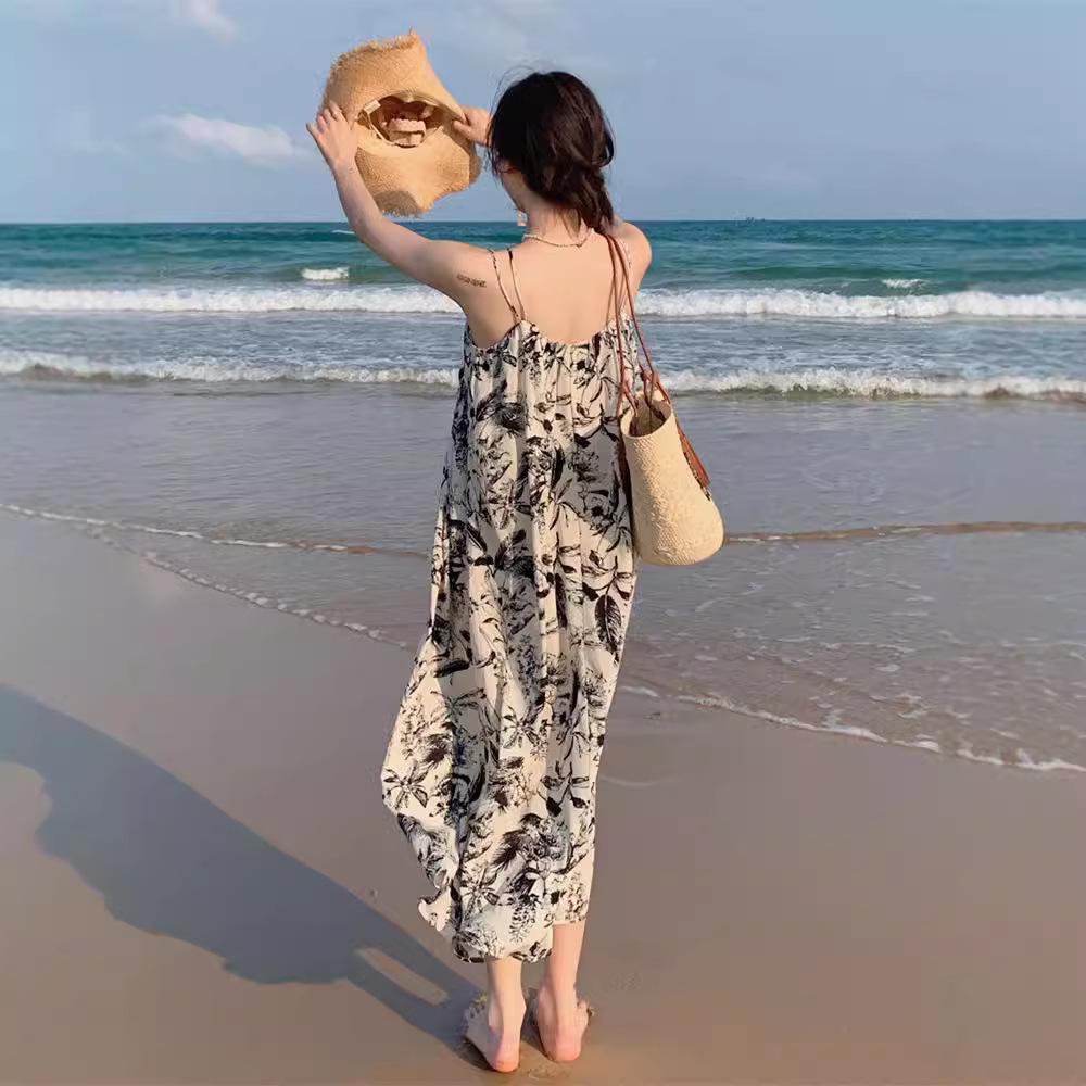 Korean Ink Painting V-Neck Suspender Skirt – Summer Style Tea Break Dress