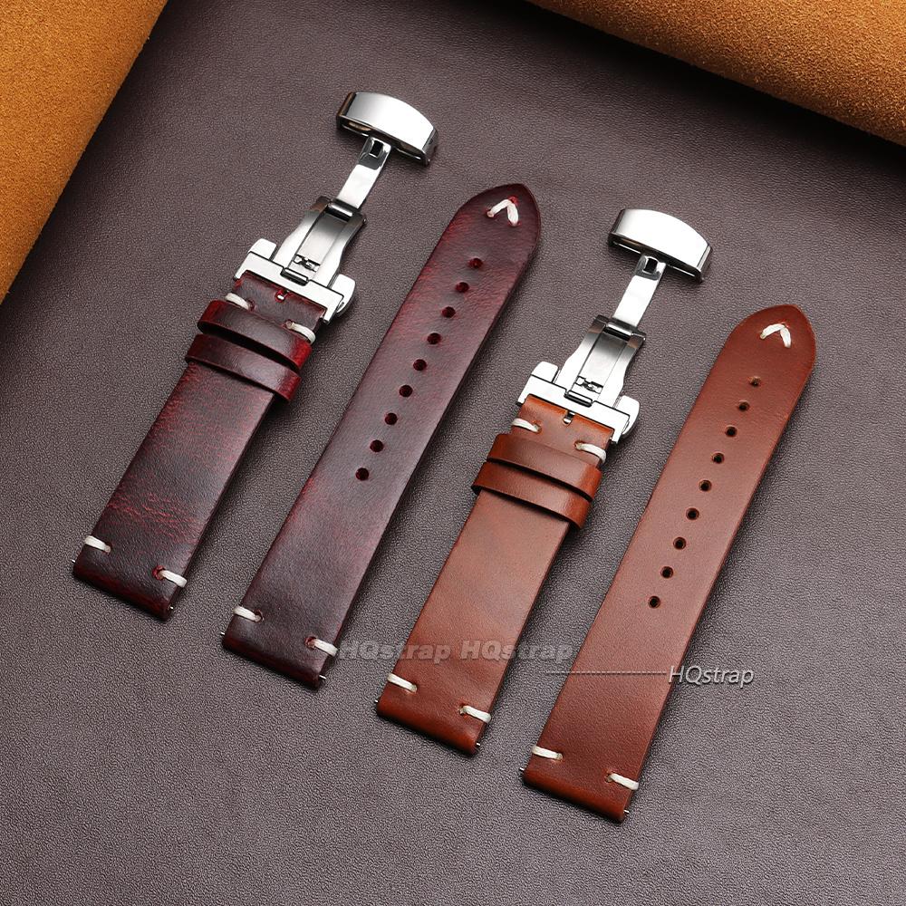 Vintage 18mm 20mm 22mm Cowhide Watch Strap Quick Release Wrist Band Butterfly Buckle Leather Bracelet Stitching Brown Straps