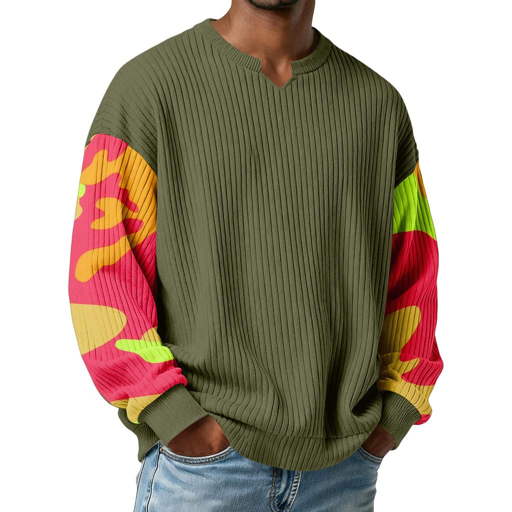 Men's Camouflage Stylish V-Neck Ribbed Textured Long-Sleeve T-Shirt
