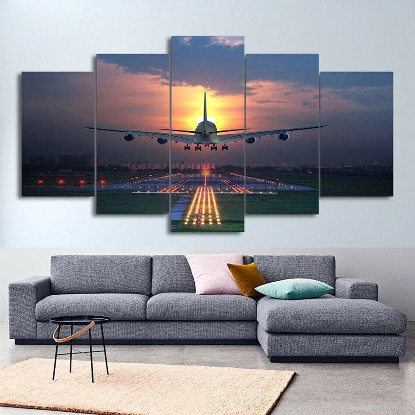 

5 Panel Landscape Sunset Lights Airplane Lawn Canvas Painting Modular Posters and Prints Wall Art Pictures Home Decor No Frame 20x35 20x45 20x55cm