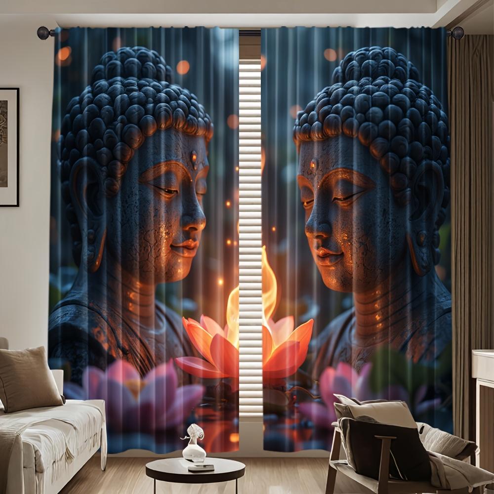 2Pcs Polyester Buddha Inspired Versatile Printing Window Curtains Birthday Party Decoration Backdrop Drapes for Living Room