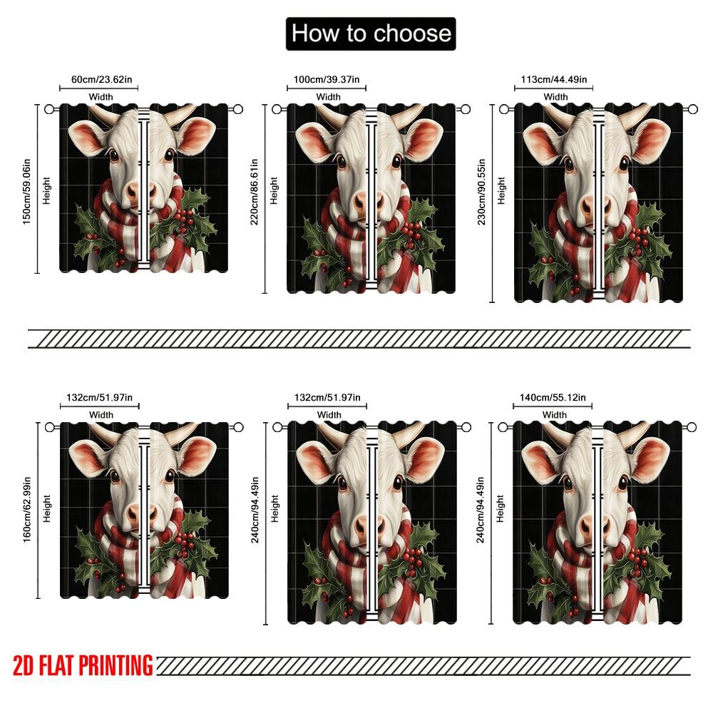 2pcs,2D plane printing Popular Curtains Christmas Cow Holly Scarf (2) Versatile Fabric (without rod) Decorations Outdoor Ldeal