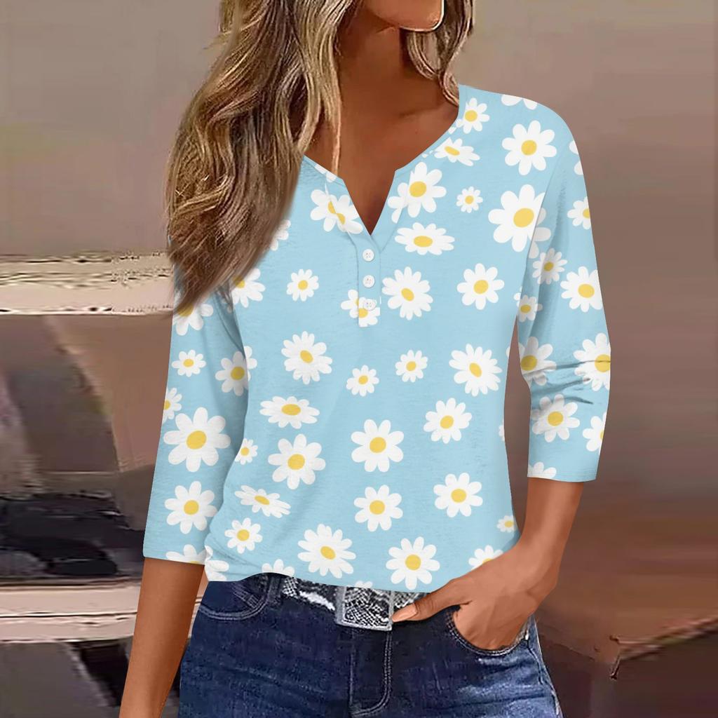 Women's T Shirt Tee Print Button 3/4 Sleeve Daily Weekend Fashion Basic V- Neck Regular Top