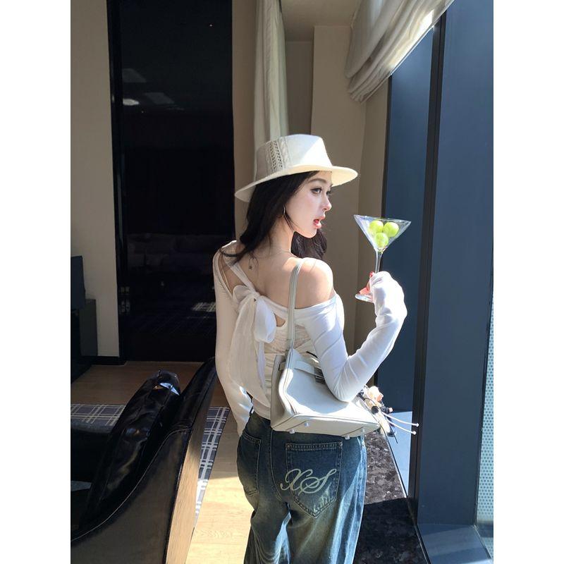 Kumikumi Gyaru Style White Lace Stitching off-the-Shoulder T-shirt Women Autumn New Age-Reducing Chic Slimming Top