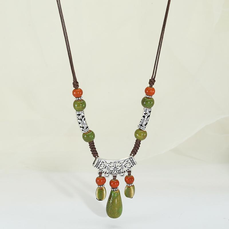 Water Drop-shaped Ceramic Pendant Necklace Female, Bohemian Retro Long Fringed Sweater Chain Accessories Gift