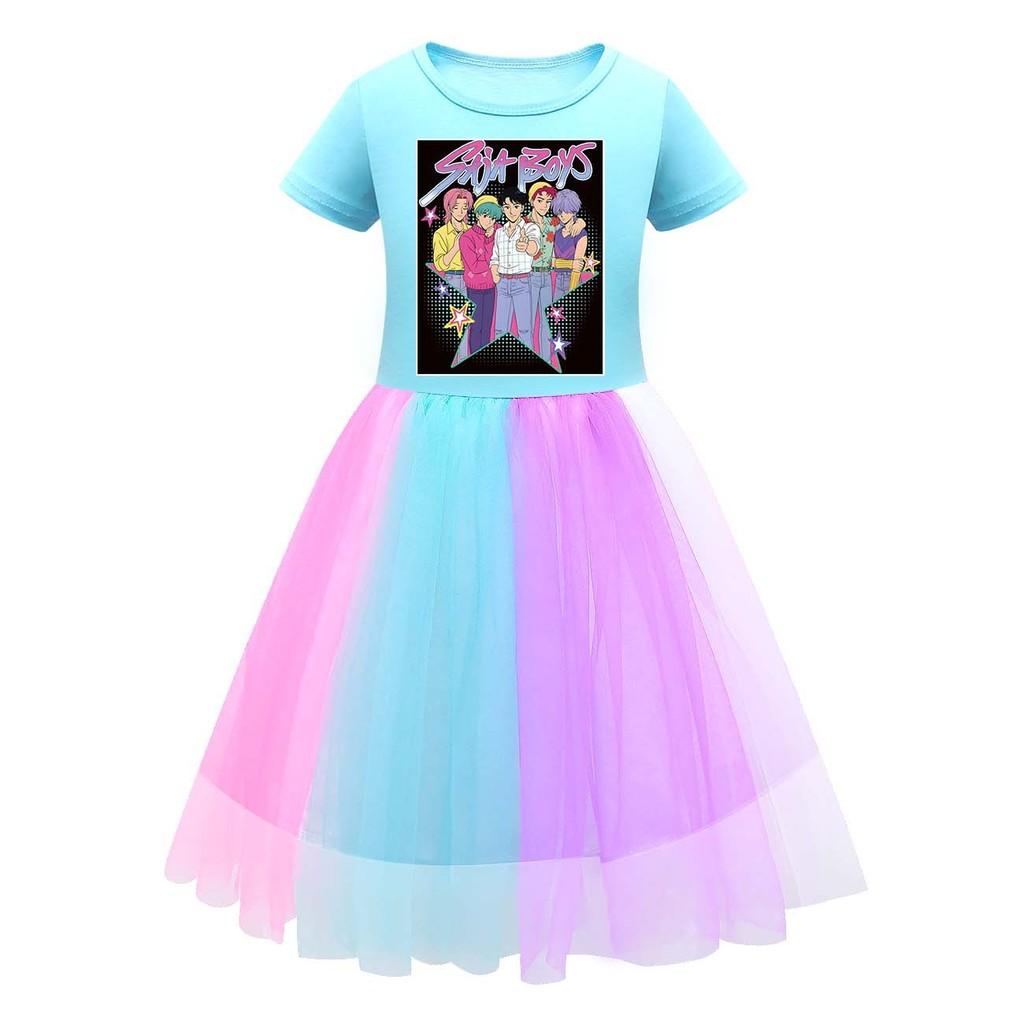 

Kids Girls K-POP Rumi Zoey Mira Print Mesh Rainbow Round Neck Short Sleeves Casual Cotton Dress 150cm
