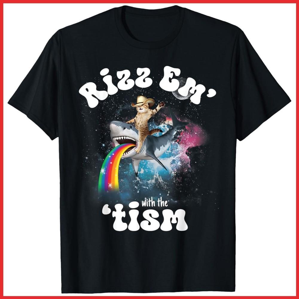 Rizz Em With The Tism Funny Meme Cat Autism Awareness Black Cotton T-Shirt Unisex T-Shirt S