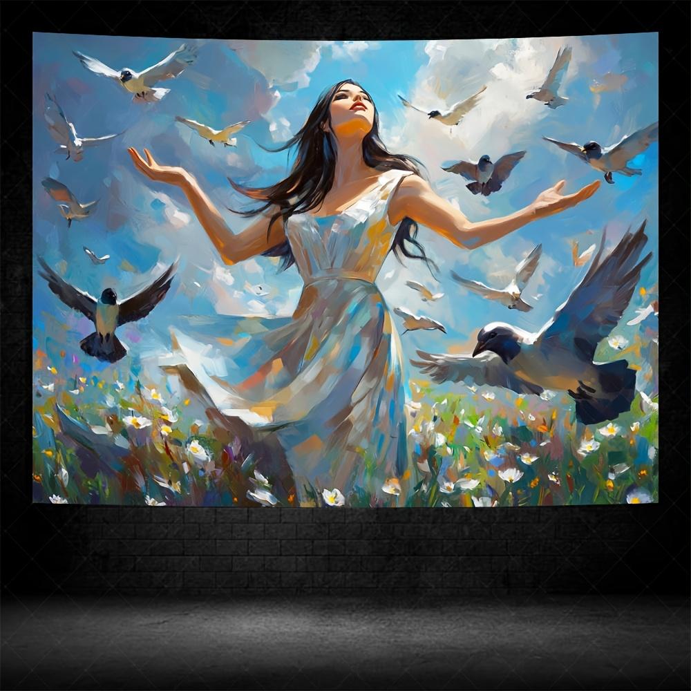 

Graceful Woman Birds Tapestry Ethereal Sky Wildflowers Soaring Wings for Serene and Inspirational Home Decor Wall Art 74x94cm(29x37in)