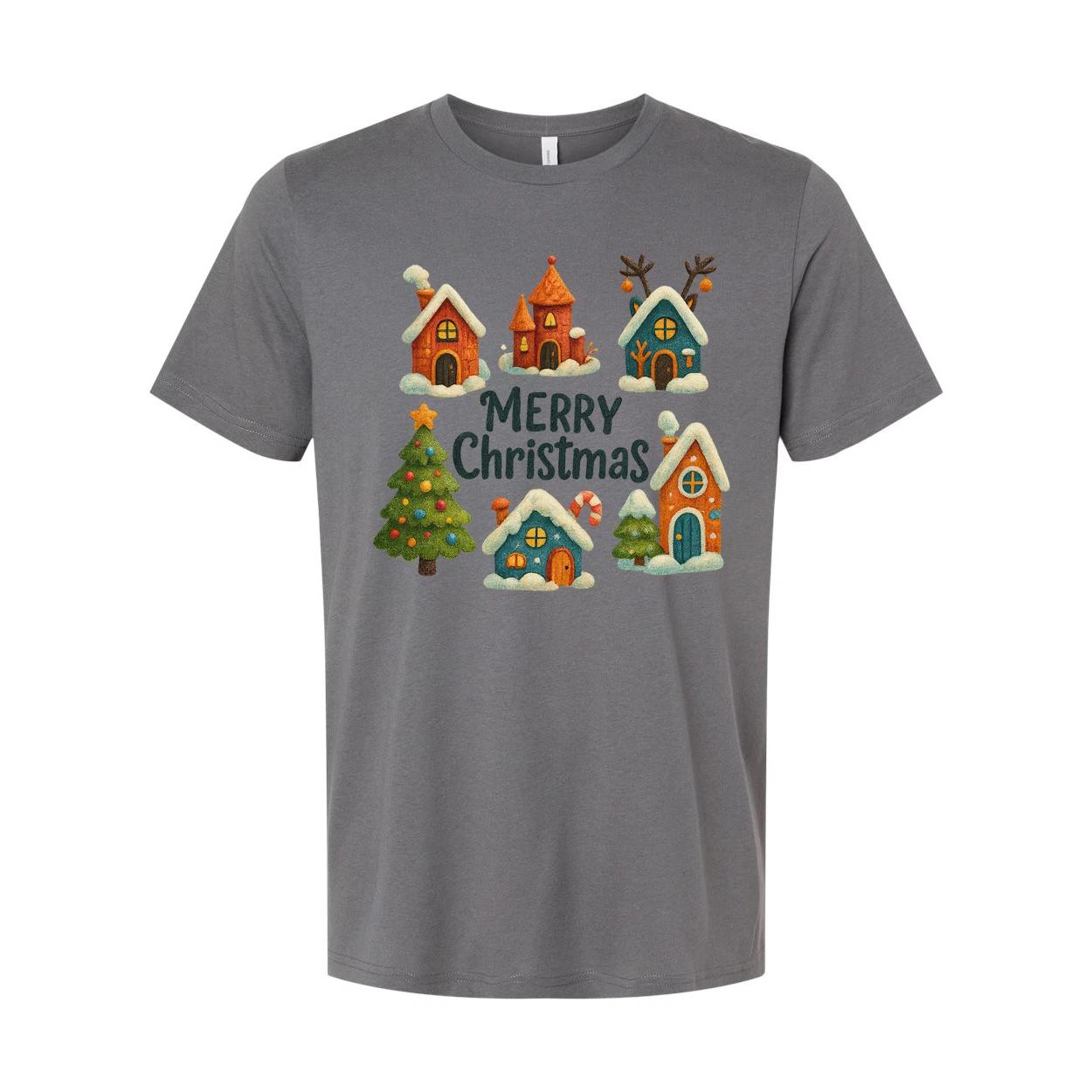 

Merry Christmas Unisex T Shirt With Festive Village Illustration On White Featur 3XL