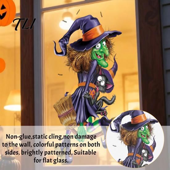 Easy To Apply Wall Stickers Spooky Halloween Window Static Sticker, Pumpkin Bat And Witch Patterns Self Adhesive Film Printed, Decorative