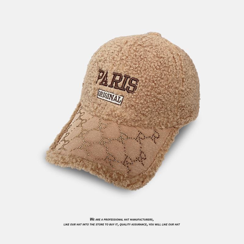 Autumn and Winter Lamb Wool Baseball Cap for Women Korean Version Versatile Letter Hot Diamond Embroidered Peaked Cap Warm Couple Hat
