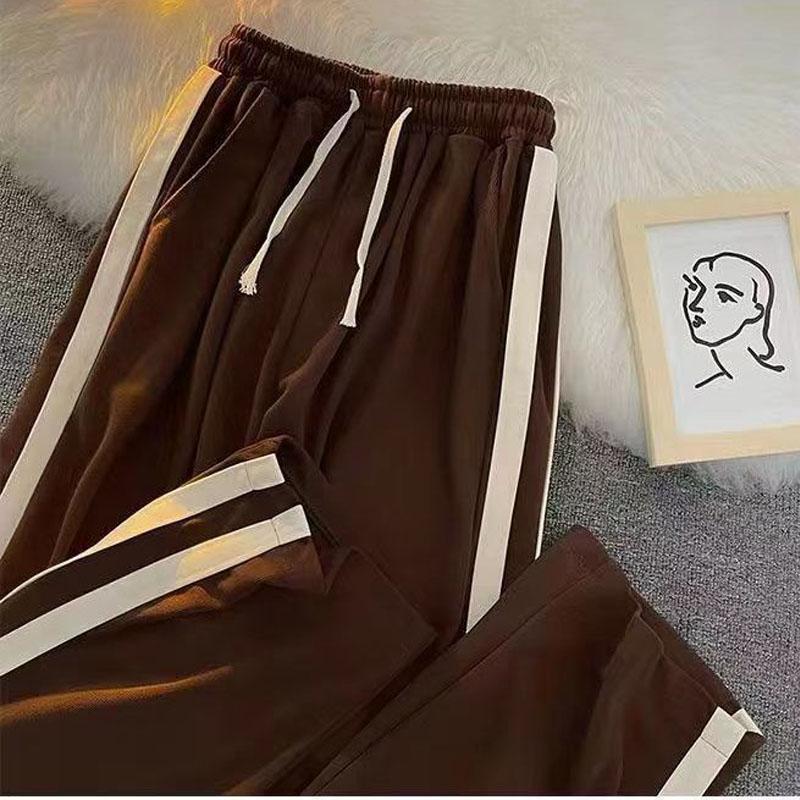 

Весенне-осенние женские новые спортивные брюки прямого кроя в полоску в стиле хай-стрит, корейские свободные повседневные универсальные брюки с широкими штанинами XXXL