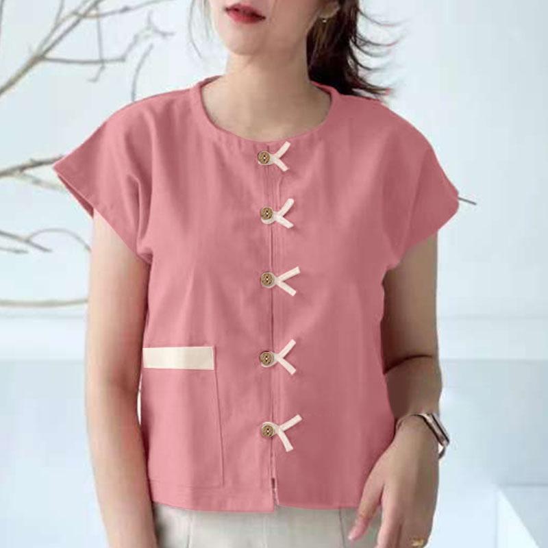 ZANZEA Kvinner Casual Rund Hals Sommer Kort Erm Bluse