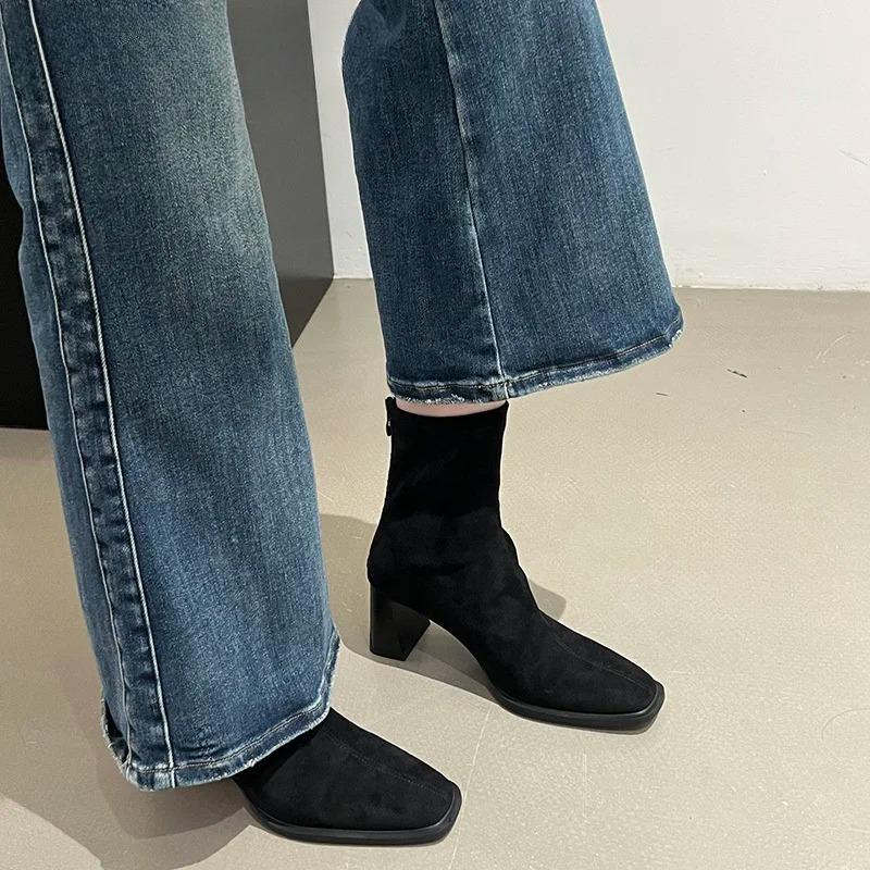 Vintage Thick Heel Square Toe Women Ankle Boots Ladies Elegant Mordern Short Botas Autumn Winter Zapatos De Mujer