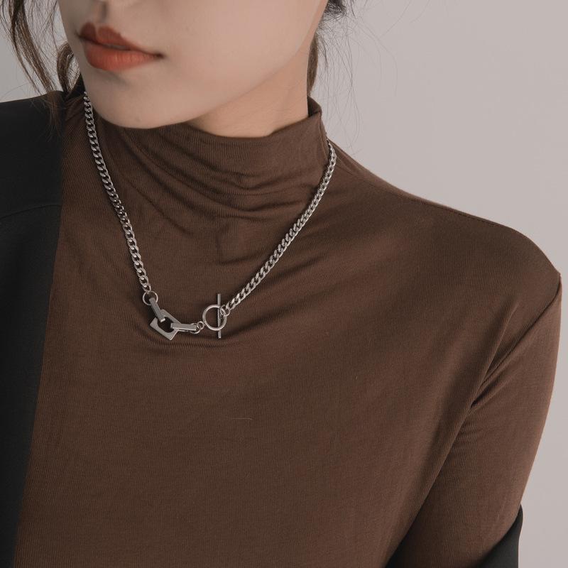 Unisex Titanium Steel OT Buckle Necklace - Trendy Hip Hop Clavicle Chain for Men & Women, Patchwork Streetwear Elements.