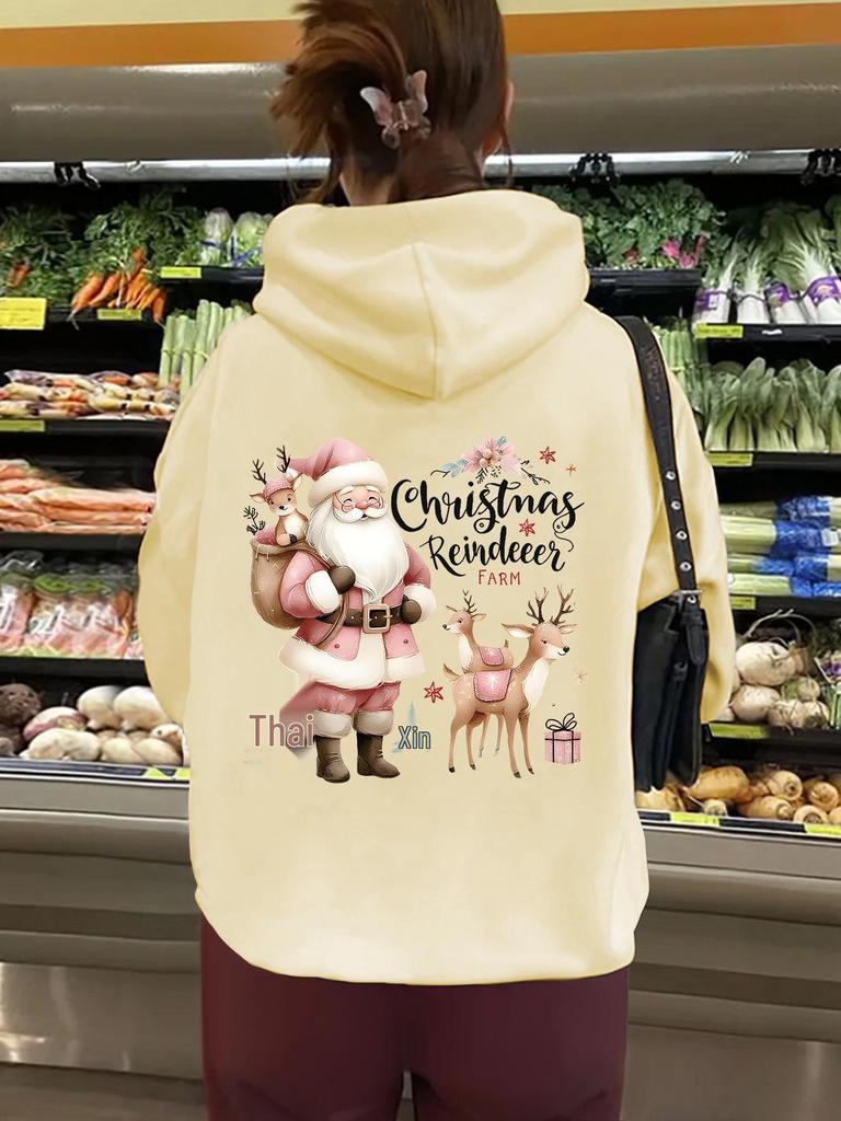 Autumn & Winter Women's Hooded Fleece Lined Sweatshirt with Kangaroo Pocket & Christmas Print