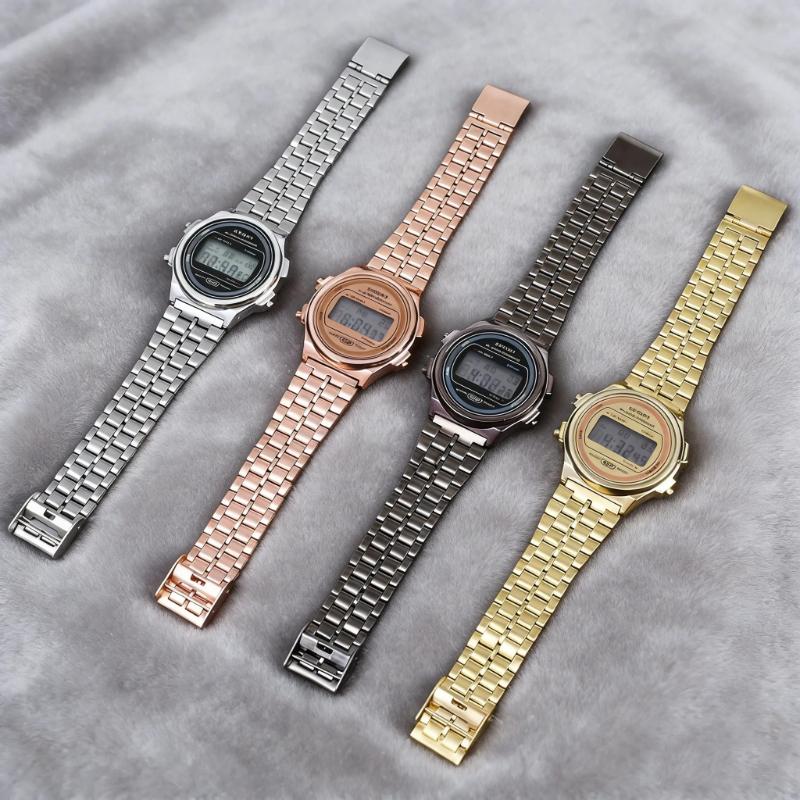 Damen Casual LED Elektronische Uhr Retro Edelstahlarmband Damen LED Digitaluhr Multifunktions Sport Armbanduhr Uhr