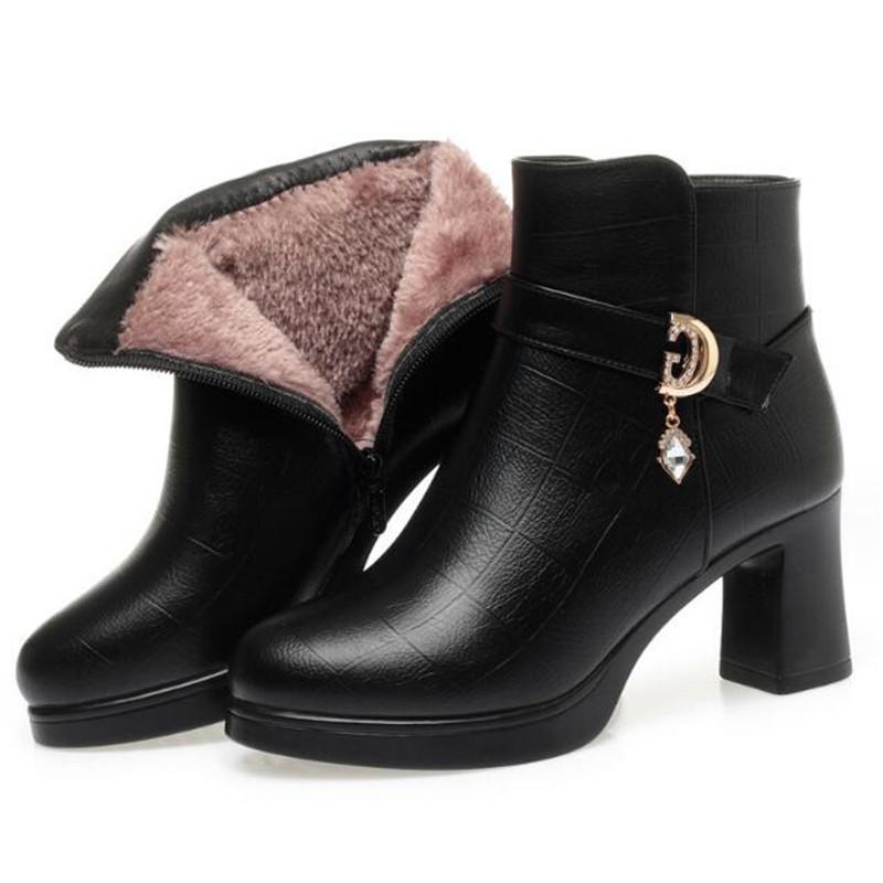 Fashion Winter Women Genuine Leather Ankle Boots Female Thick Plush Warm Snow Boots Mother Non-slip Booties Women High Heel Shoe