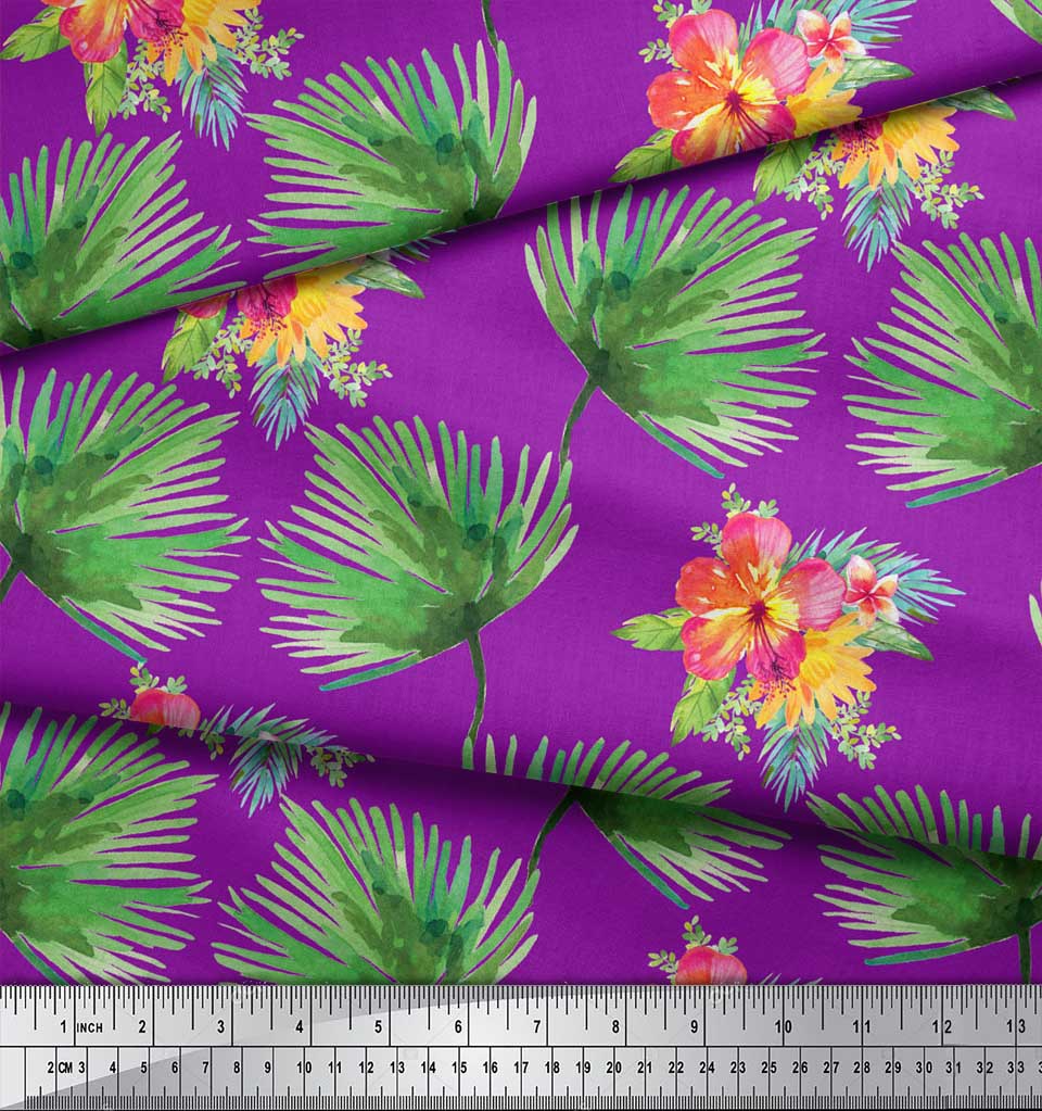Soimoi Red Poly Crepe Fabric Leaves & Floral Decor Fabric Printed By the Metre 42 Inch