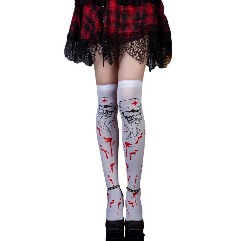 Women Thigh High Socks Over the Knee High Stockings Japanese Skeleton Skull Print Long Socks Thin Halloween Stockings