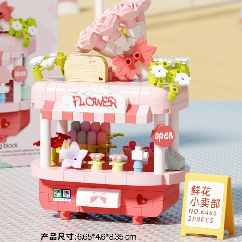 Diy Car Food Hot Dog Cart Truck Ice Cream Store Flower Hamburger Street View Building Blocks Kit Bricks Model Kids Toy Children