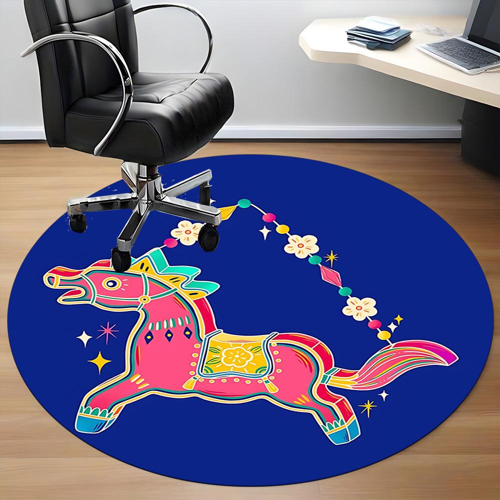 1pc Colorful Horse Ornament Chair Carpet for Office, Round Polyester Mat, Indoor Decor for Office, Easycare Fabric, Washable Non-slip Area Carpet