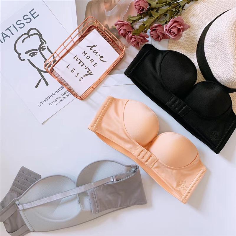 Women's Strapless Non-Slip Push-Up Bra - Front Buckle, Wire-Free, Adjustable, Thickened for Small Chest