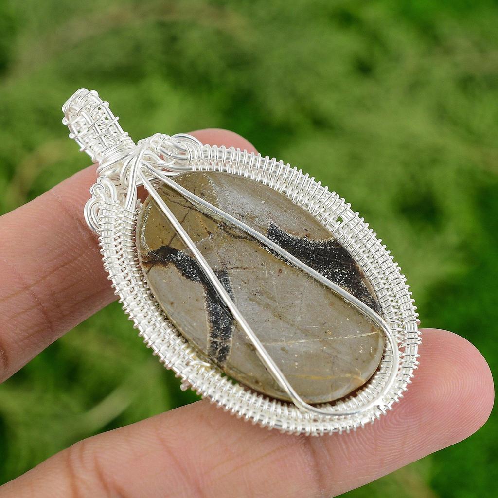 925 Sterling Silver Oval Septarian Gemstone Birthday Wire Wrapped Trendy Pendant