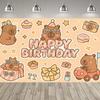 Lindo Fondo Temático de Fiesta de Capibara y Conejo de las Indias, Pancarta con Estampado de Pastel y Globos de Colores para Decoración de Fiesta Infantil