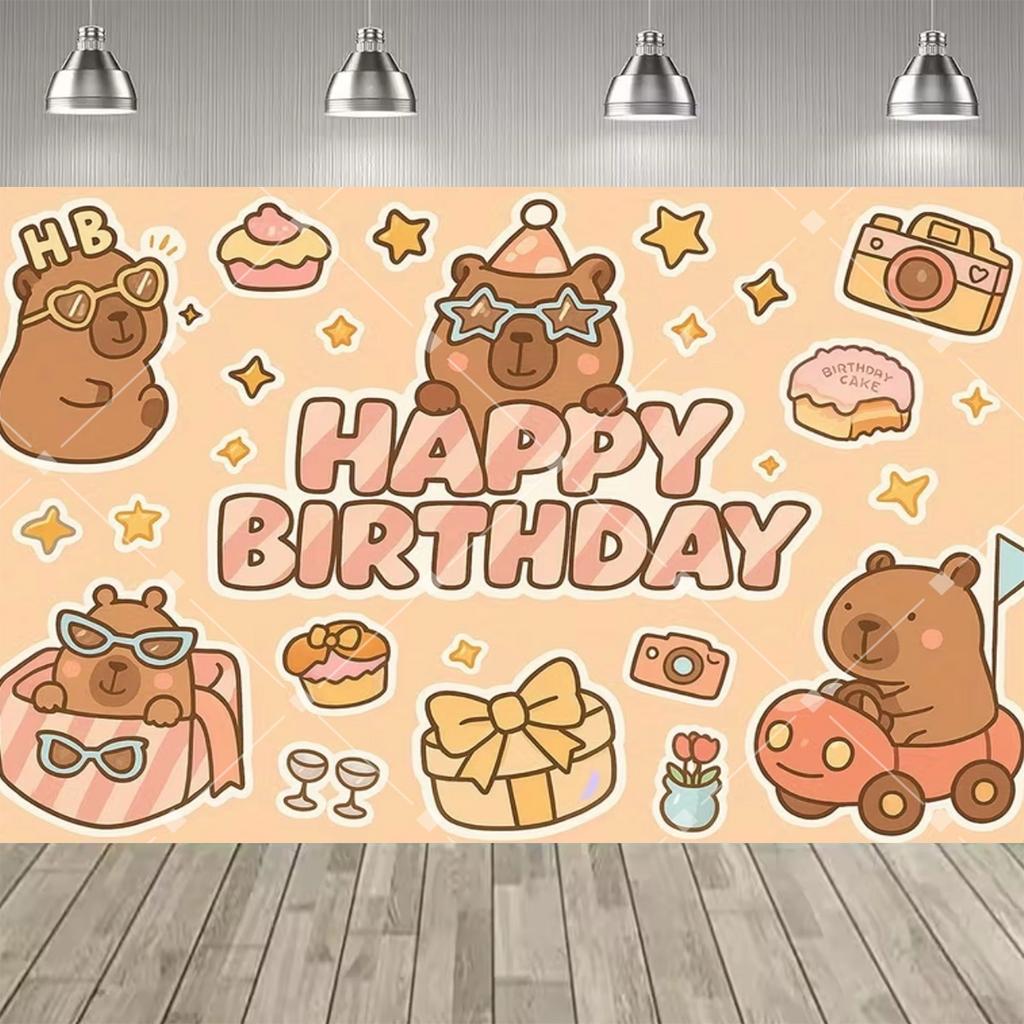 Lindo Fondo Temático de Fiesta de Capibara y Conejo de las Indias, Pancarta con Estampado de Pastel y Globos de Colores para Decoración de Fiesta Infantil