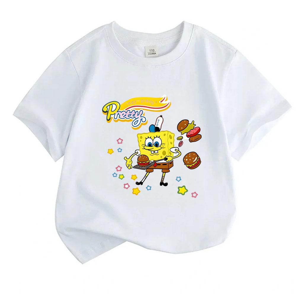 Kids Boys Girls 100% Cotton Crew Neck Short Sleeve T-Shirt, Cute Yellow Sponge Character Krabby Hamburger Print Casual Soft Tee for Children Daily Wea