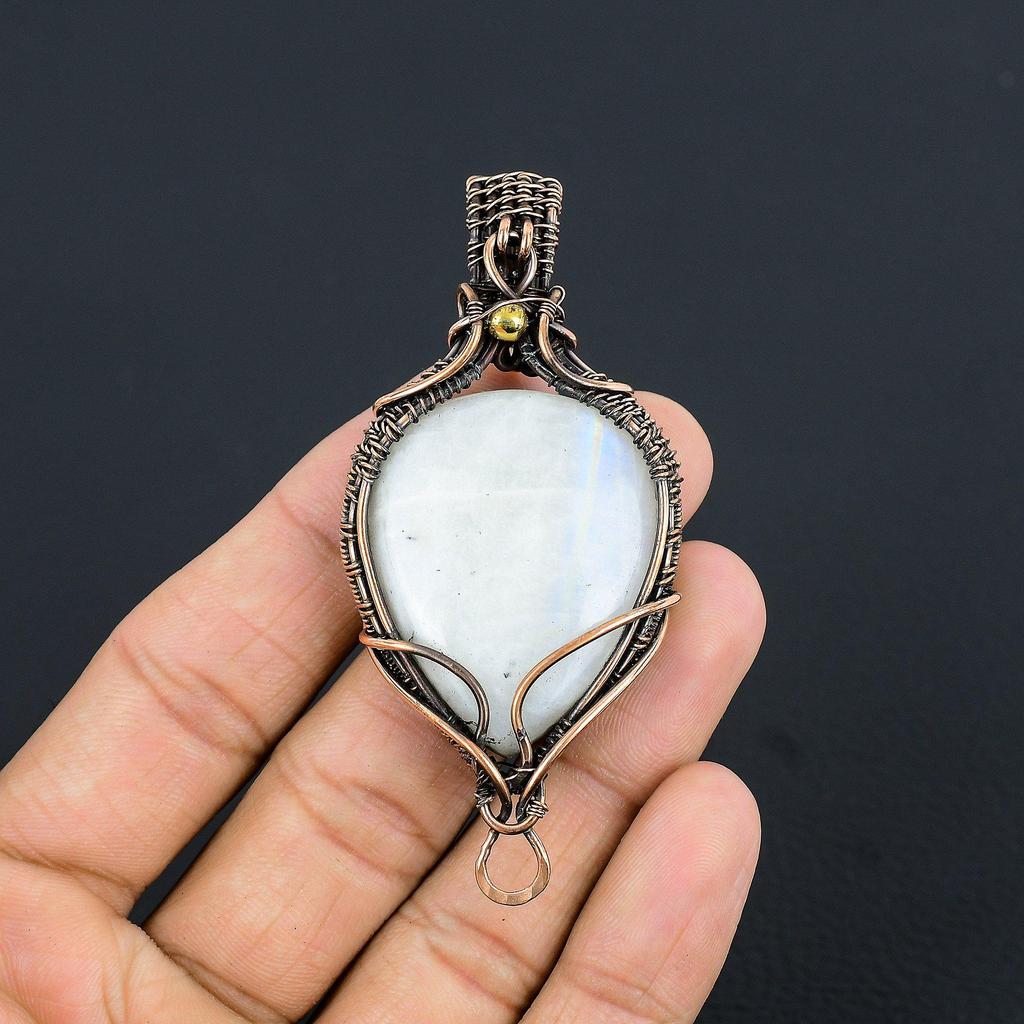 Rainbow Moonstone Pendant Gemstone Jewelry, 999 Copper Wire Wrapped Pendant, Handmade Beautiful Jewelry Pendant