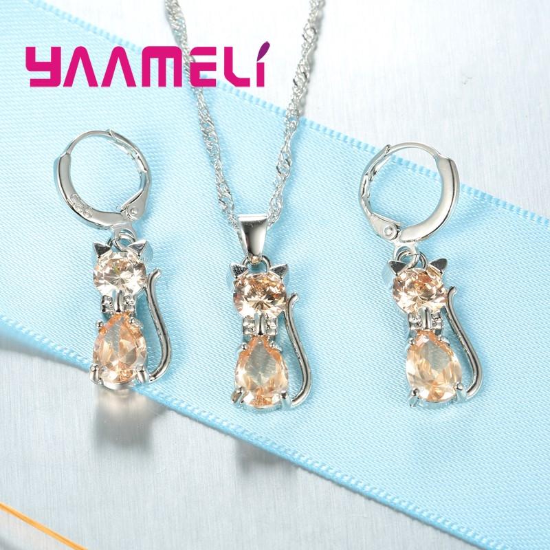 Real Zinc Alloy Sterling Zinc Alloy Color Zircon Sets for Woman Girls Shining Austrian Crystal Cute Cat Pendant Necklace Huggie Earring