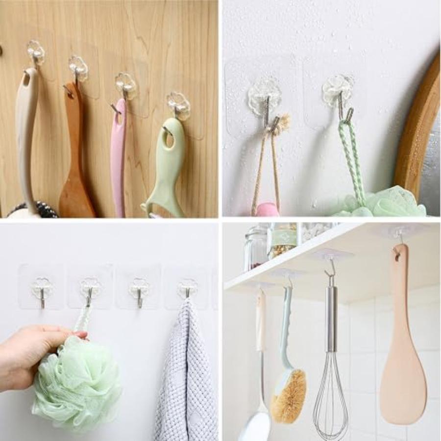 28 Pack Clear Adhesive Wall Hooks for Kitchen Bathroom Shower Ceiling Heavy Duty Sticky Hooks Self Adhesive Holding Strong