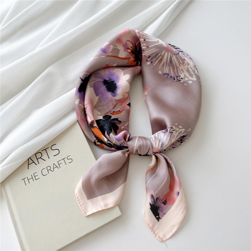 Luxury Silk Square Scarf Women Shawl Fashion French Flower Print Design Satin Hijab Wraps Neckerchief Female Hair Bands 70*70Cm
