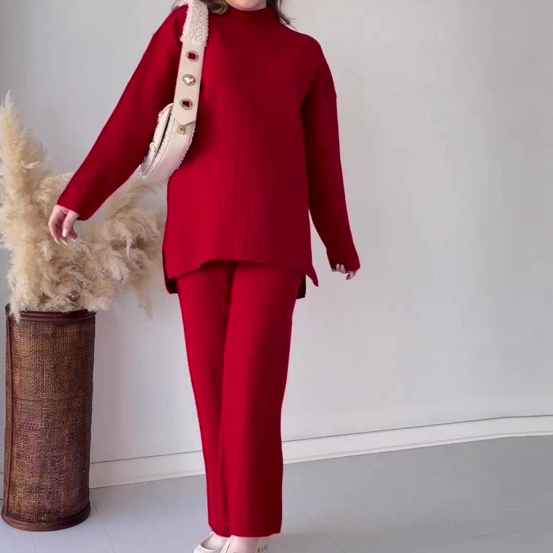 2023 Autumn European & American Solid Color Casual Loose Round Neck Sweater Set