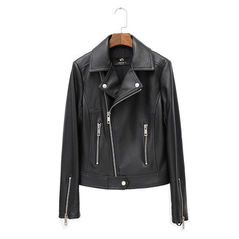 

Женская облегающая мотоциклетная куртка из овчины с отворотом - корейский стиль, мода осень/зима. M чёрный