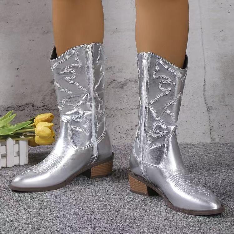 Women Fashion Zipper Knight Boots Ladies Autumn Thick Sole Chunky Heels Retro Boots Pointed Toe Shoes Embroidered Cowboy Booties