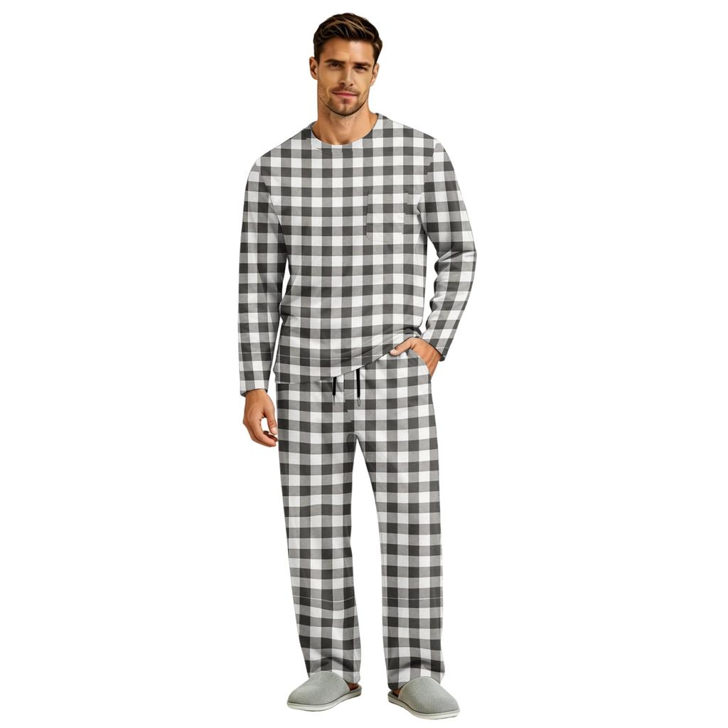 Men's Pajama Set Long Sleeve Top and Long Pants with Button Crotch and Elastic Drawstring Waist for Home Loungewear