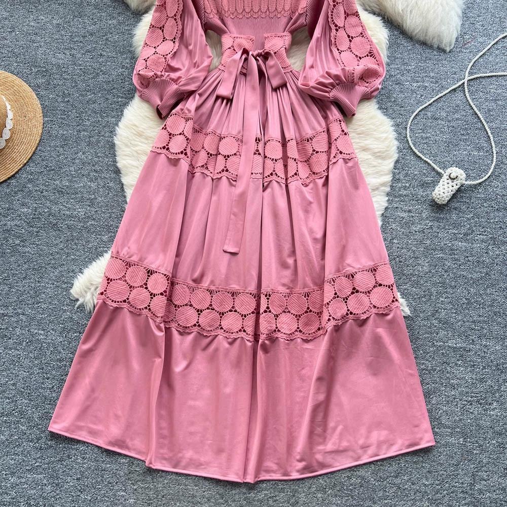 Retro Palace Style Dress for Women In Autumn and Winter A High-end Feel and Straps Waist Cinching Hollow Out Splicing Elegant Long Women Dress