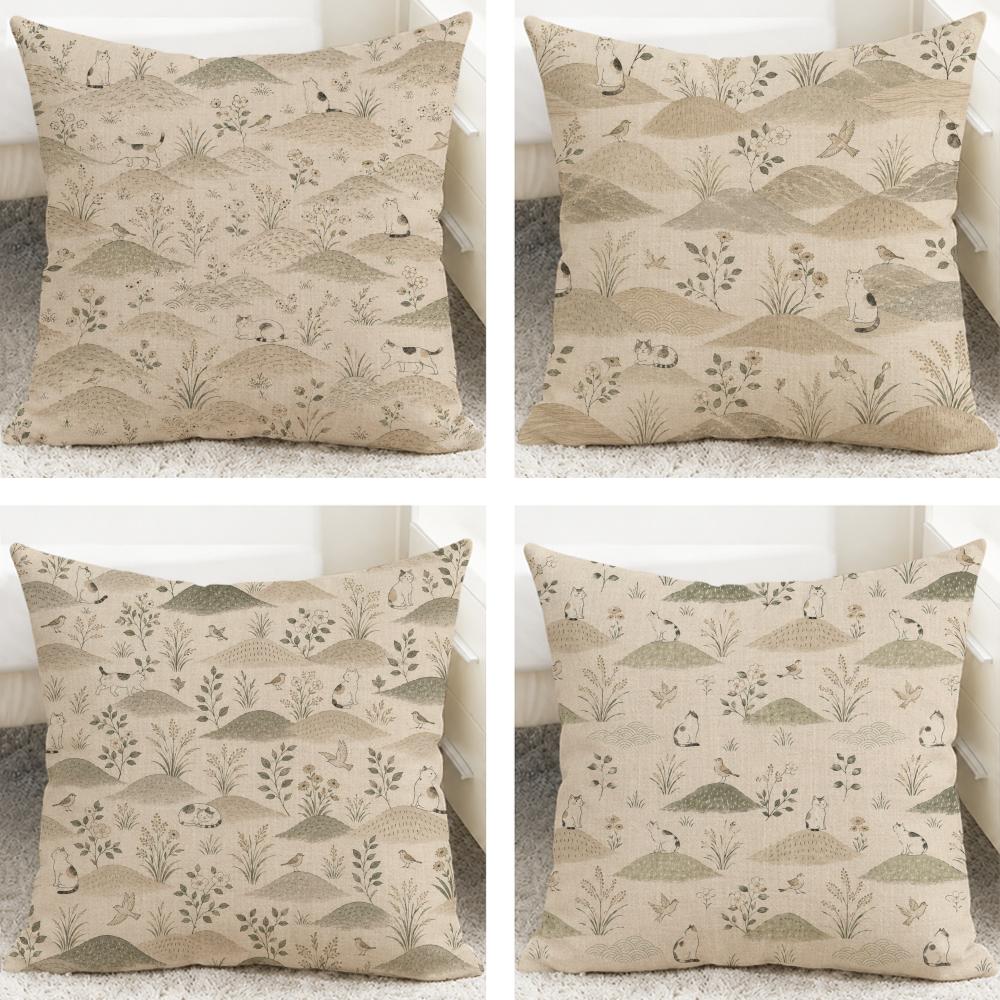 Style Japanese Natural Handdrawn Cushion Cover Cushion Covers Natural Linen Breathable Sofa Bedroom Decor Pillowcase