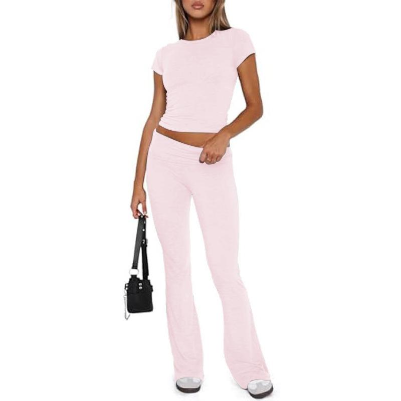 Damen Freizeit Zweiteiler Set Langarm Rundhals Crop Top Hohe Taille Schlaghosen Gestrickt Einfarbig Loungewear Passendes Outfit Set
